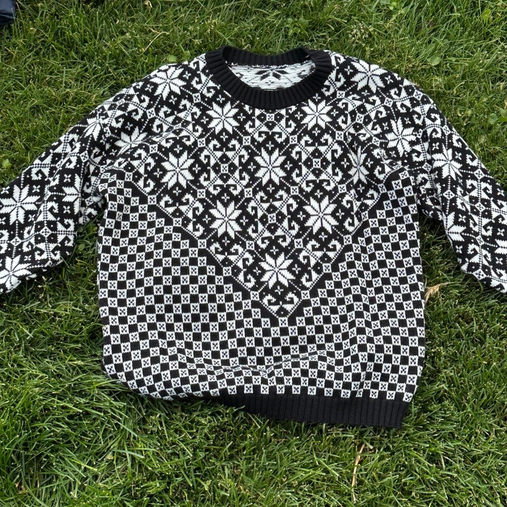 Vintage Black White Fair Isle Snowflake Geometric Knit Crewneck Sweater Mens L